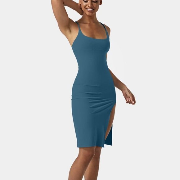HALARA Dresses & Skirts - Halara Blue Everyday Split Strap Bodycon Midi Chill Party Dress M NWT